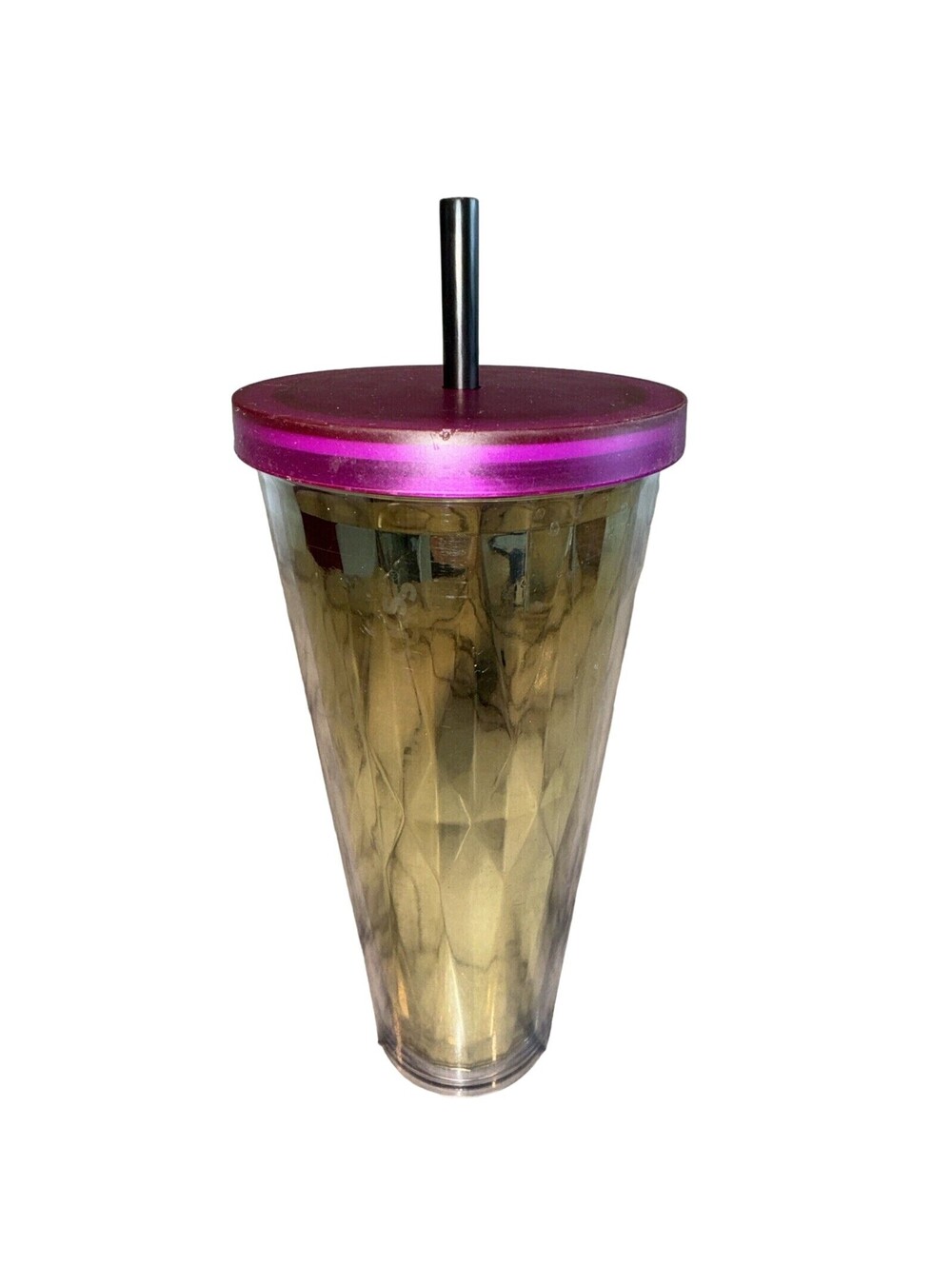 Starbucks 2014 Gold Chrome Faceted Diamond Tumbler Pink Lid Straw 24oz Cold Cup